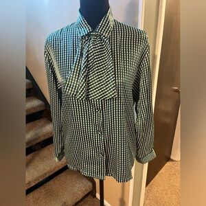 Vintage Koret Petites Poly White Green Blouse Bow Tie Button Up Size S/M